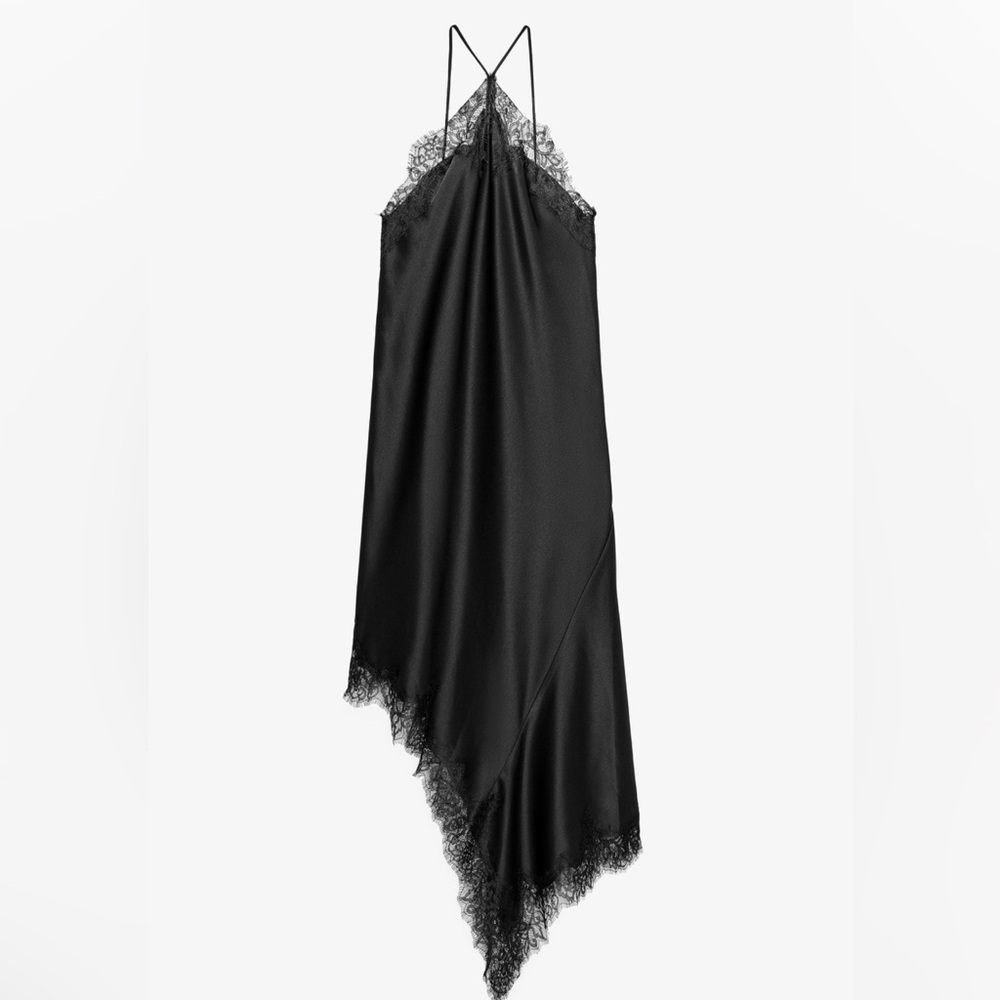 Zara Black Satin Asymmetrical Slip Dress with Lace Trim